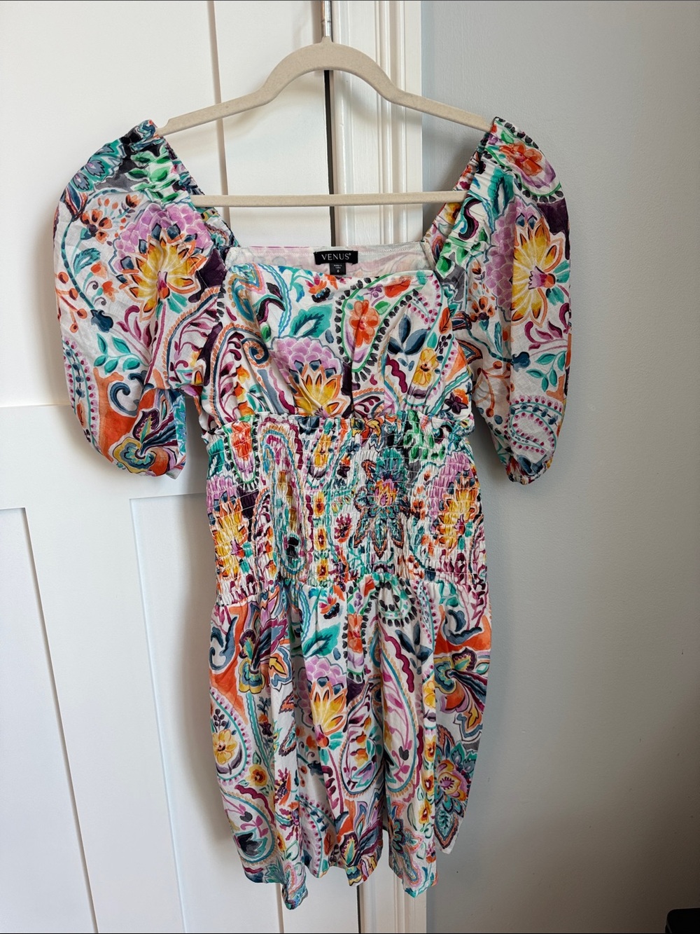 VENUS White Multicolor Floral Puff-Sleeve Mini Dress